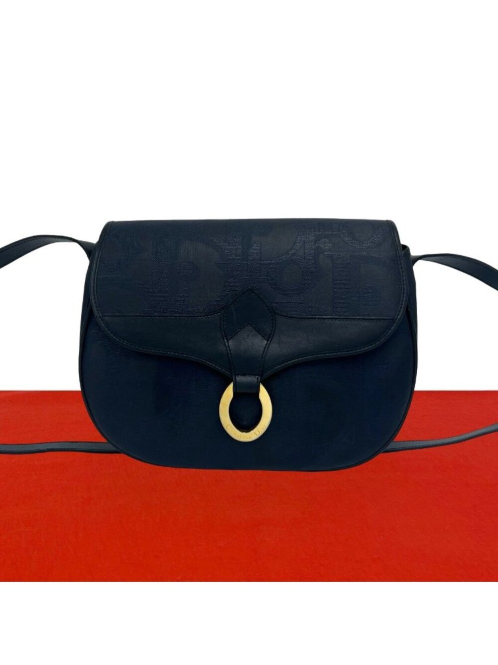 Dior Vintage Trotter Logo Pattern Leather Shoulder Bag Pochette Navy